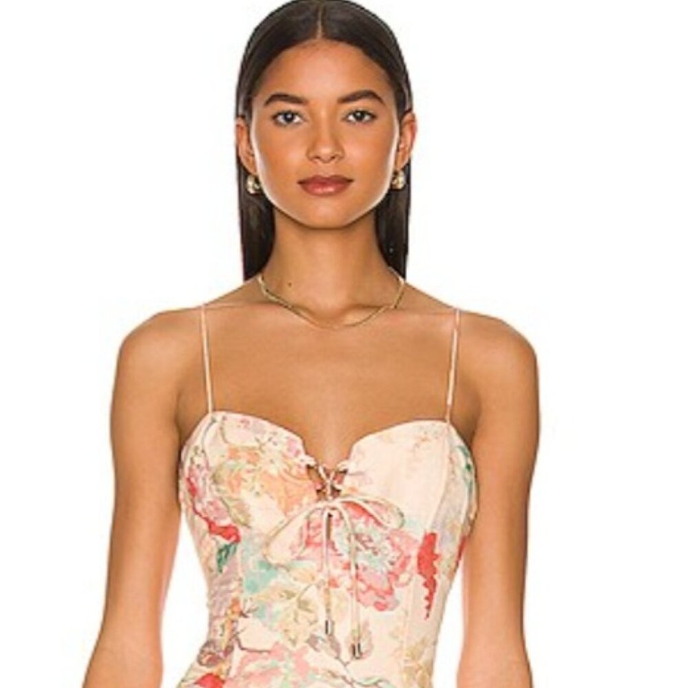Significant Other Floral Midi Dress Size 10 Peach Coral Lace-Up Bodice - Picture 12 of 14